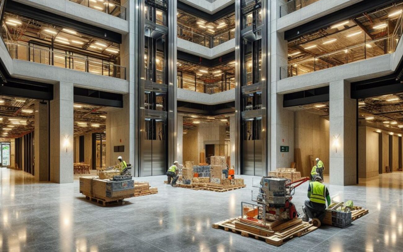 Workmen fitting a new foyer area